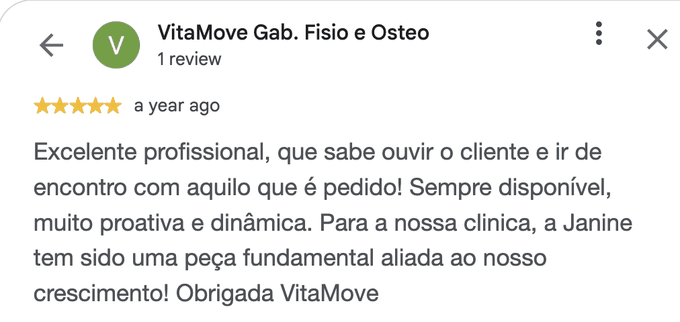 Avaliação Google da VitaMove, 5 estrelas