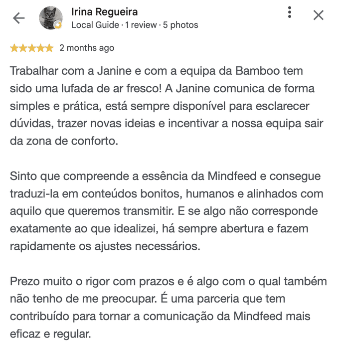 Avaliação Google de Irina Regueira, Mindfeed, 5 estrelas