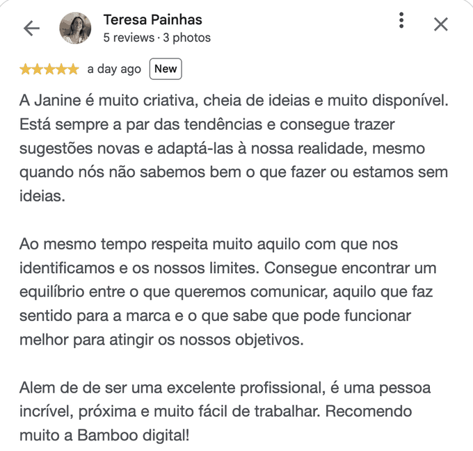 Avaliação Google de Teresa Painhas, 5 estrelas