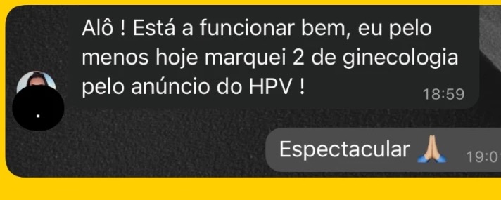 Mensagem de uma clínica: marcou duas consultas de ginecologia pelo anúncio do HPV