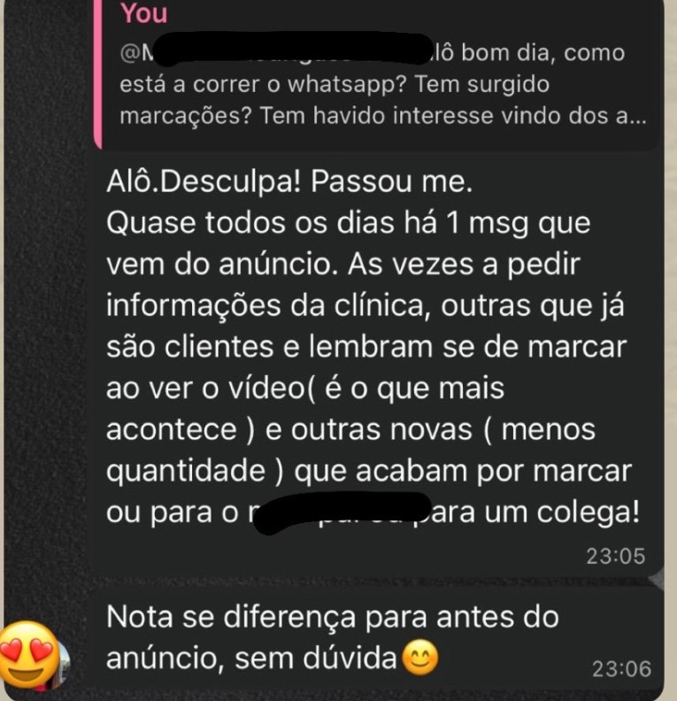 Mensagem de uma clínica: marcações quase todos os dias vindas do anúncio